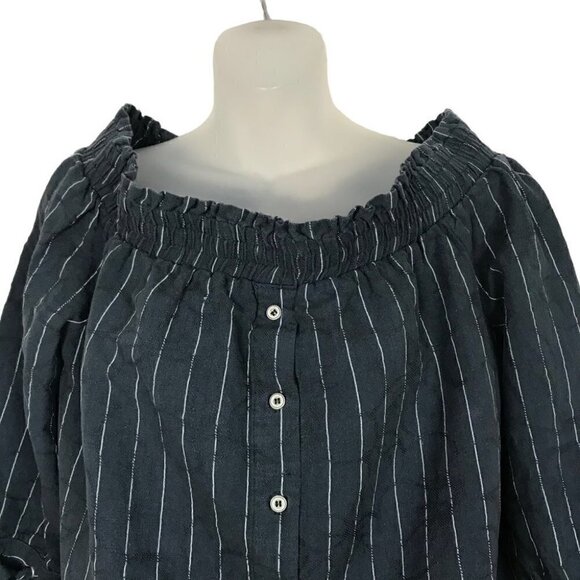 LUCKY Brand Navy Blue With White Stripes  Linen Cotton Mix Top Size M - Picture 3 of 8